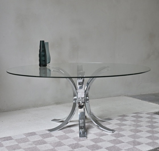 Image 1 of Tavolino rotondo in vetro con base in acciaio inox