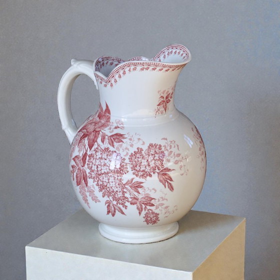 Image 1 of Large 19th-century Dutch ironstone jug signed Maestricht, "Spring" collection