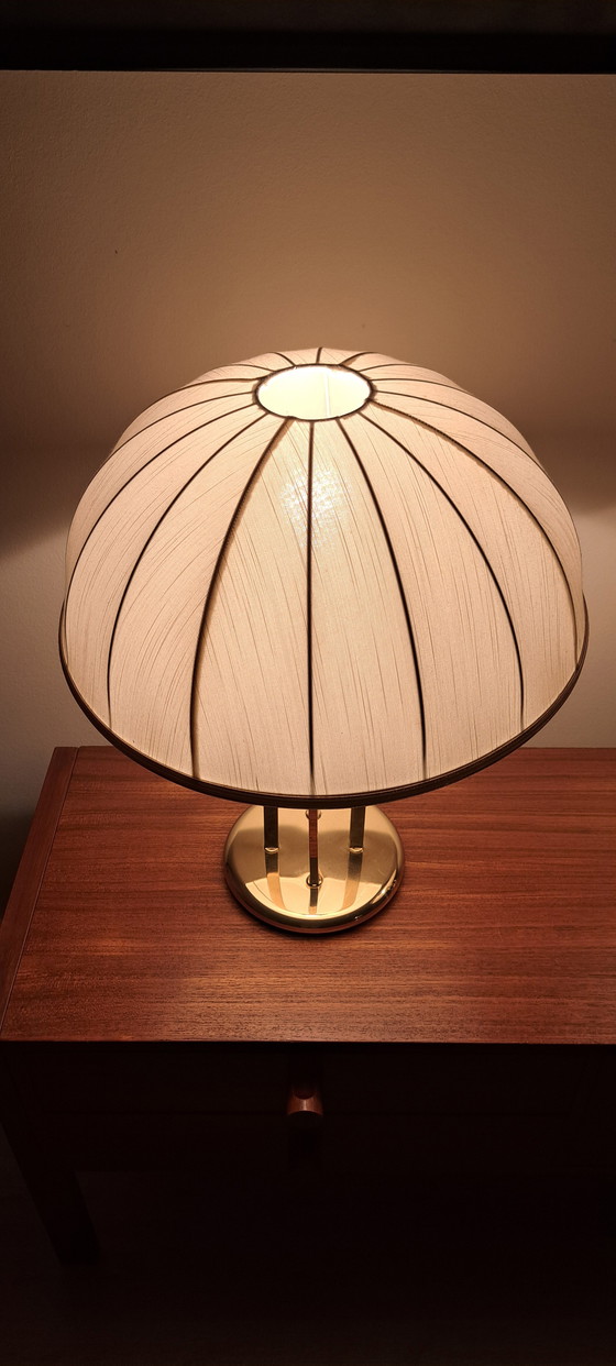 Image 1 of Pair of Hollywood Regency Brass Table Lamps with Pleated Dome Shades – Vintage 1970s – 50 cm