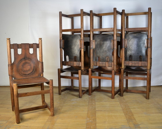 Image 1 of 8x Vintage Leather Dining Chairs 1970s