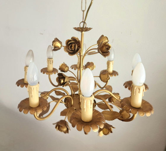 German Hollywood Regency Honsel chandelier, 8-arm, gold-plated, floral, 1970s – Metal (photo 8 of 15)