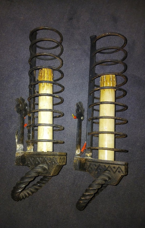 Image 1 of 2 or 4 iron wall sconces in the style of a medieval cellar rat candlestick