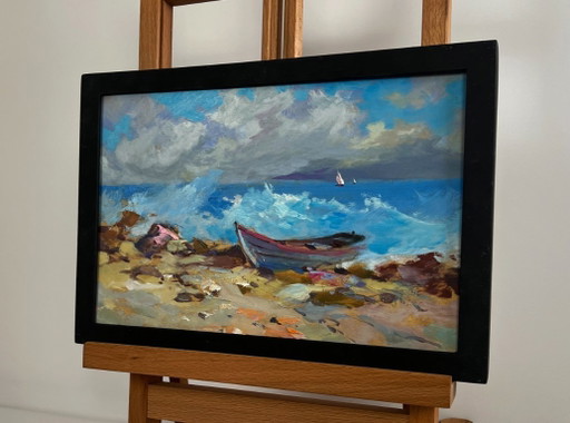 Original Oil Painting Sea Coastal Landscape Raging sea waves