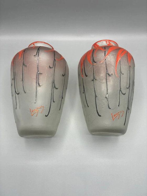 Pair of Legras Vases – Red Floral Enameled Glass – Art Deco – Glass & Decanter (photo 3 of 5)