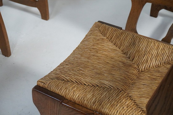 Image 1 of Set di 10 sedie brutaliste "Razor" in rovere con seduta in giunco, Paesi Bassi, anni '70