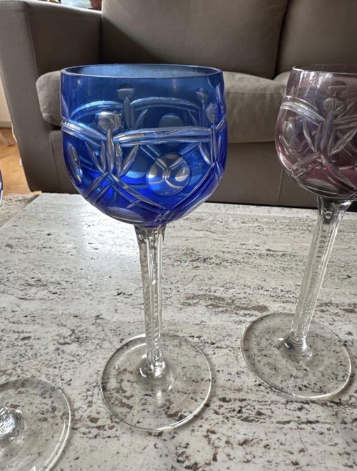 4 bicchieri di cristallo antico blu e viola