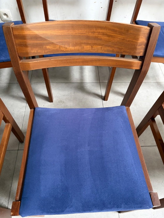 Esszimmerstühle aus Holz mit blauer Sitzfläche, Mid -century, Stoff, Braun, Mid Century Modern (Foto 3 von 5)