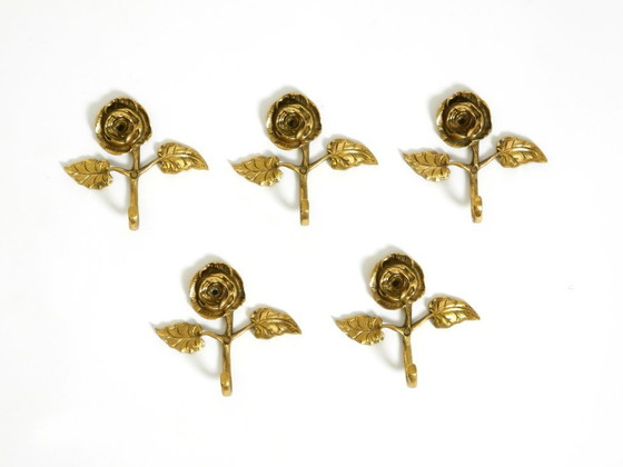 Image 1 of Set of five beautiful, solid mid-century brass rose wall coat hooks