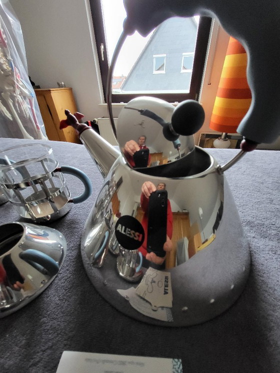 Image 1 of Alessi kettle, tea glasses, espresso glasses, milk, sugar, spoon, salt