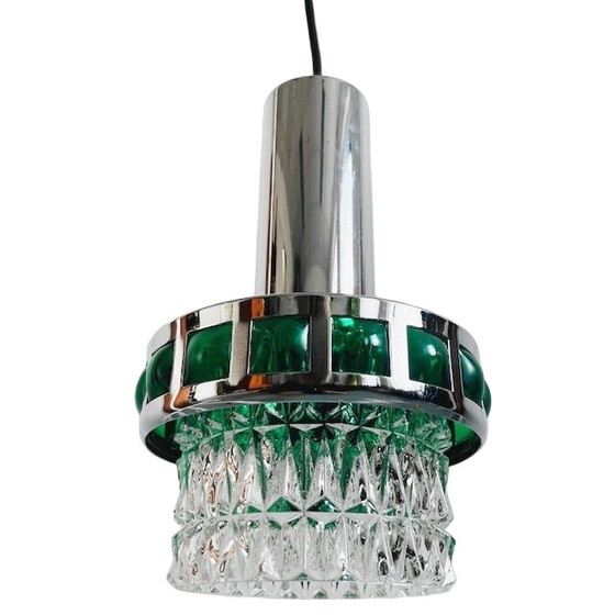 Image 1 of Suspension vintage Space Age en verre vert chromé Massive Raak Amsterdam années 1970