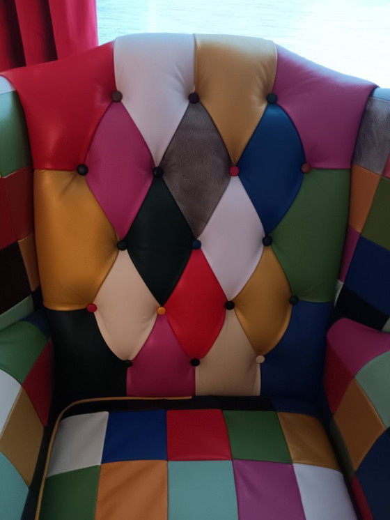 Image 1 of Chesterfield Fauteuil in Patchwork Leder Met Certificaat
