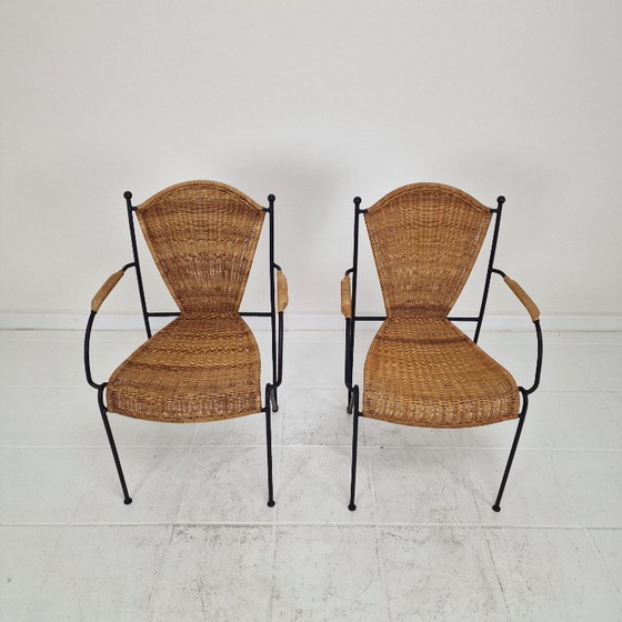 Image 1 of Coppia di poltrone in vimini e ferro di Frederic Weinberg, USA, anni '50