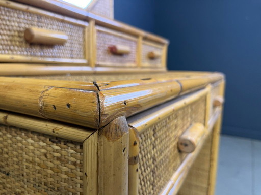 Vintage french bamboo vanity table with mirror, 1960s