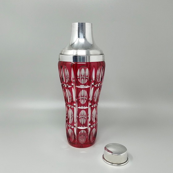 Image 1 of 1960s Gorgeous Bohemian Red Cut Crystal Glass Cocktail Shaker With Ice Bucket. Fabriqué en Italie