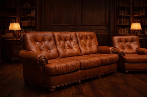 Image 1 of Ensemble de salon classique en cuir de style Chesterfield — Canapé 3 places + 2 fauteuils — Ensemble bibliothèque intemporel