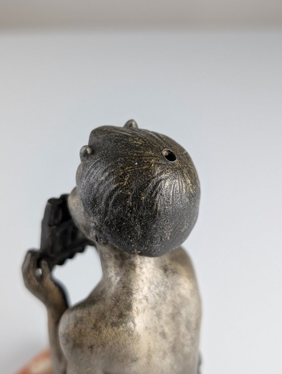 Image 1 of Junger Faun mit Panflöte, Art-Deco-Skulptur auf Marmorsockel, 1920er Jahre