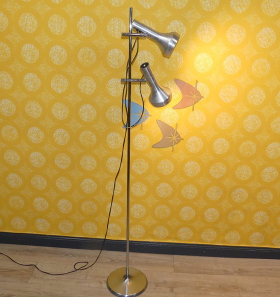 Image 1 of 60s 70s vloerlamp SLZ Swisslamps International metallic zilver 2 lampen zwenkbare vloerlamp sputnik space age panton