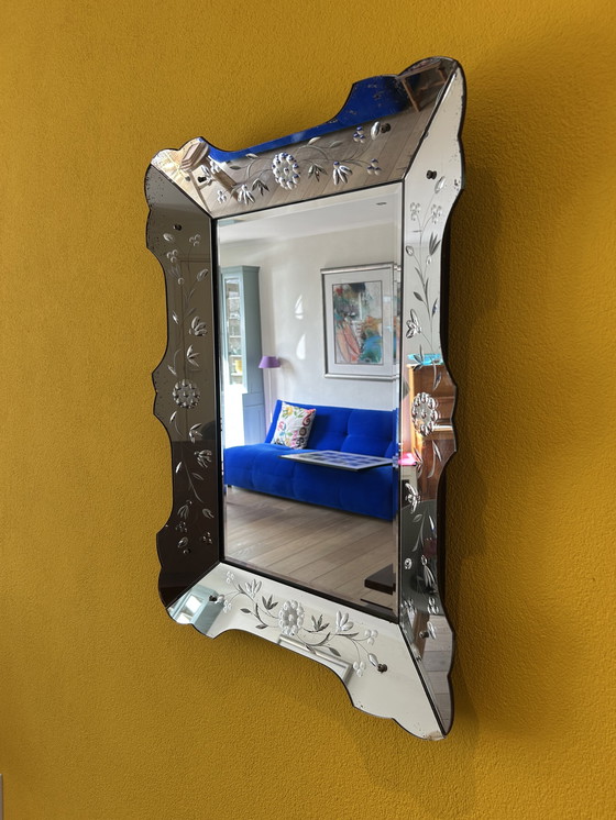 Image 1 of Prachtige Vintage Venetiaanse Spiegel – Geëtst Glas 79x58 cm