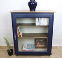 Vintage low glass-fronted bookcase in midnight blue, 1950s