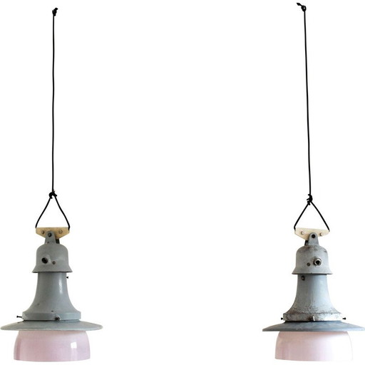 Pair of vintage aluminum and grey alloy pendant lamp, Italy 1970