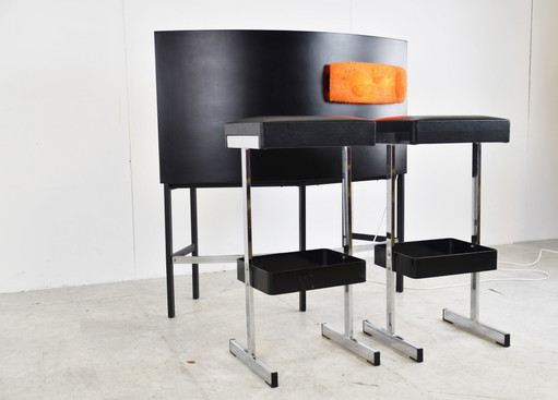 Vintage verlichte bar met krukken, jaren 70