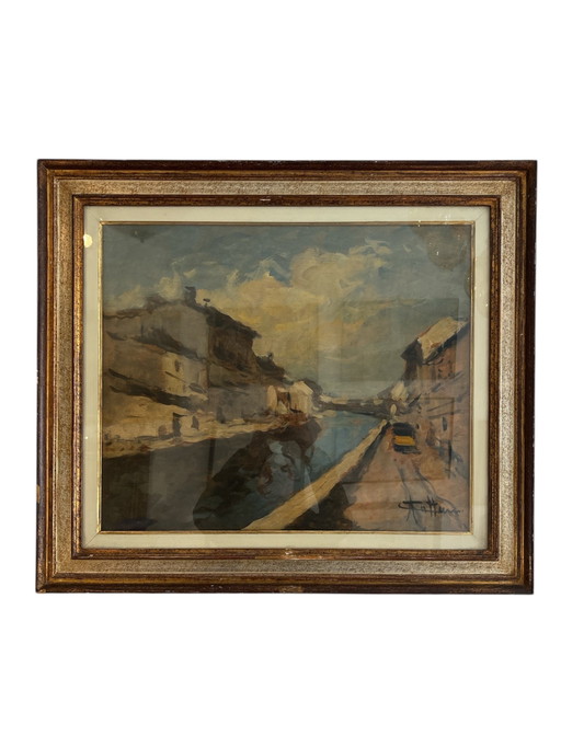 Oil Painting on Canvas of Navigli of Milan by Achille Cattaneo, Early 20th Century – schilderijen tekeningen