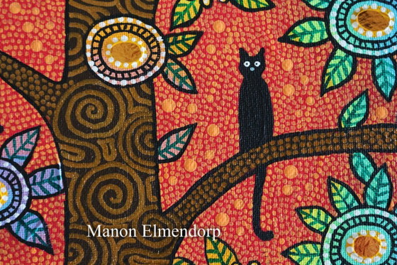 Image 1 of Uniek Handgeschilderd Schilderijtje Katten in Boom 30x18 cm 