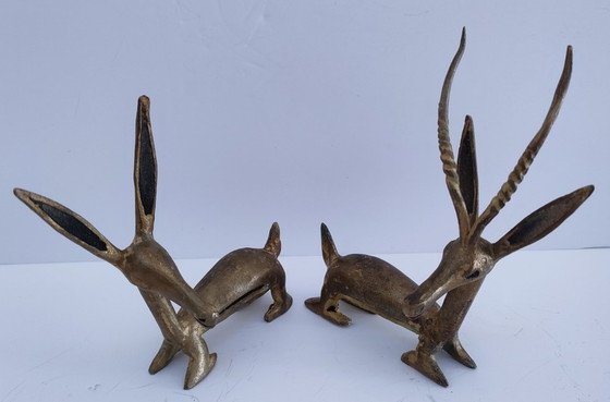Image 1 of four gazelle antelope sculptures vintage brass