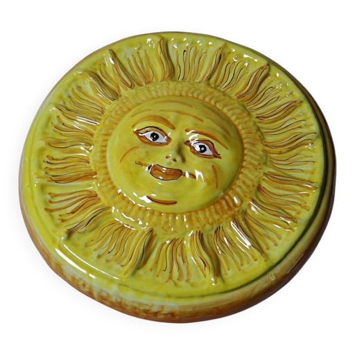 Vintage handcrafted anthropomorphic sun wall plaque in Vietri majolica.