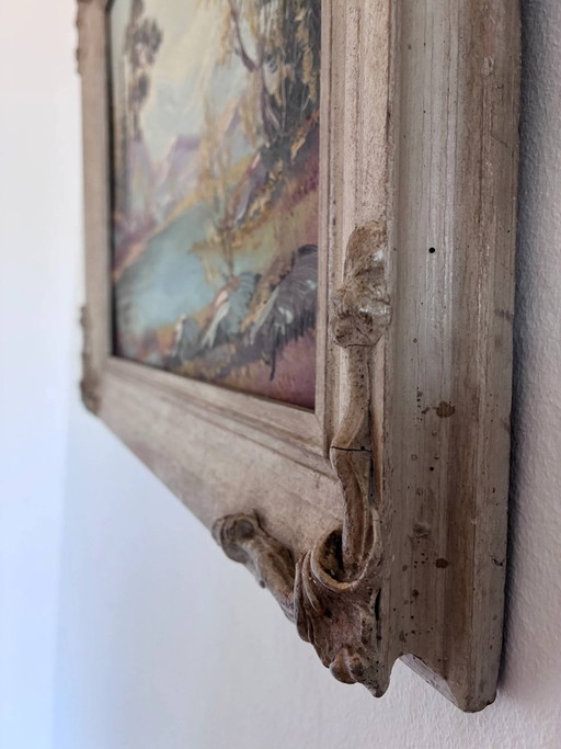 Peinture à l'huile originale vintage représentant un paysage de montagne et de rivière, encadrée