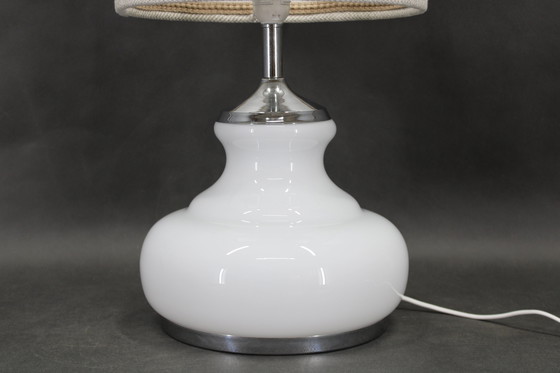 Image 1 of Italienische Glastischlampe mit Bouclé-Stoffschirm aus den 1970er Jahren
