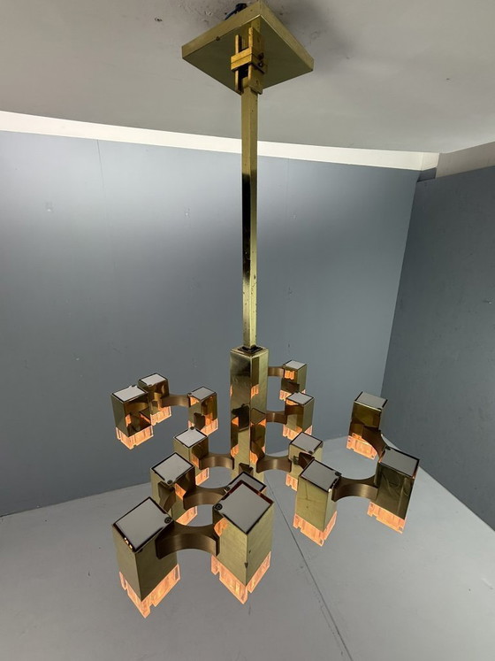 Image 1 of Lustre cubique Sciolari en laiton, édition rare, 17 lumières, Italie des années 1970