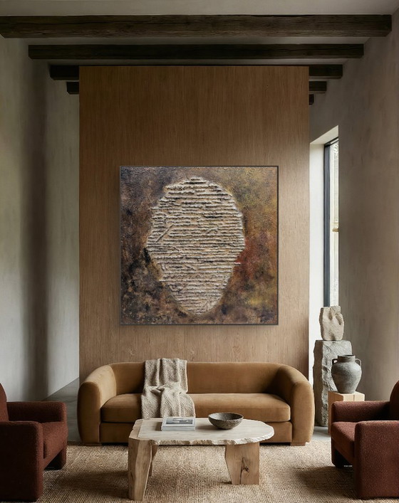 Image 1 of Líneas y Rostros – Objeto Escultórico de Pared con Relieve Crudo (121 × 121 × 4 cm)