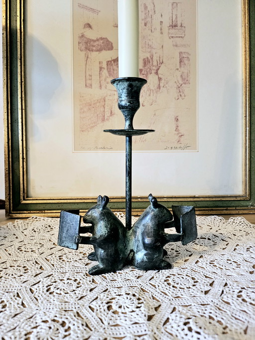 Vintage green patinated bronze effect candle holder 