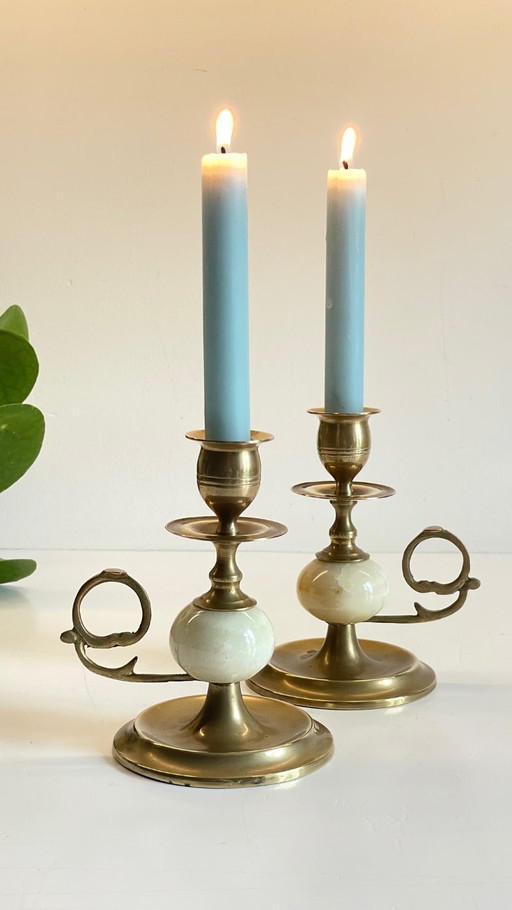 Candelieri vintage in onice, marmo e ottone