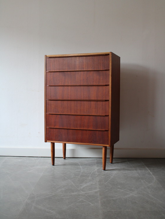 Image 1 of Vintage Danish narrow and tall chest of drawers in teak