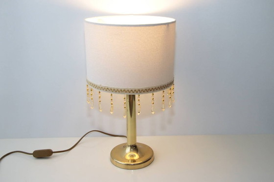 Image 1 of Table lamp, brass, textile, fringe, art glass beads, 90s vintage