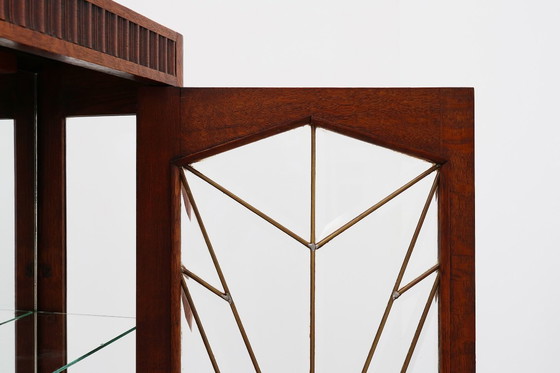 Image 1 of Mobiletto Art Déco francese in rovere con vetro piombato bisellato, ca. 1920