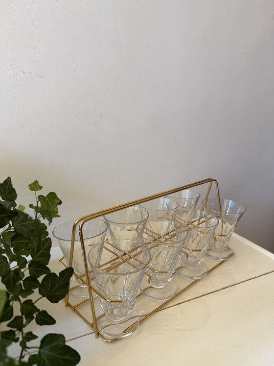 Image 1 of Set of 8 glasses in brass holder, 1950s