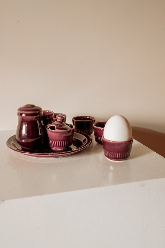 Image 1 of Purple ceramic breakfast set with egg cups and salt and pepper shakers, 1970s