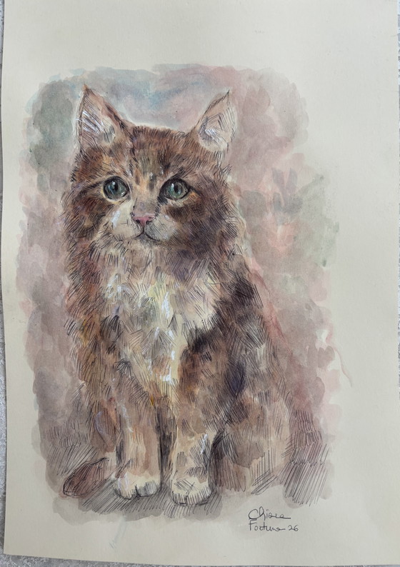 Watercolor Mixed Media Cat Drawing – Paintings & Drawings, Paper (photo 7 of 7)