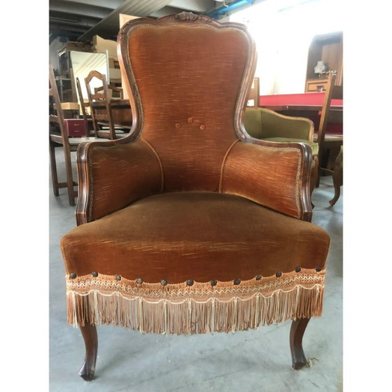 Image 1 of Fauteuil en noyer recouvert de velours Dralon, fin du XXe siècle