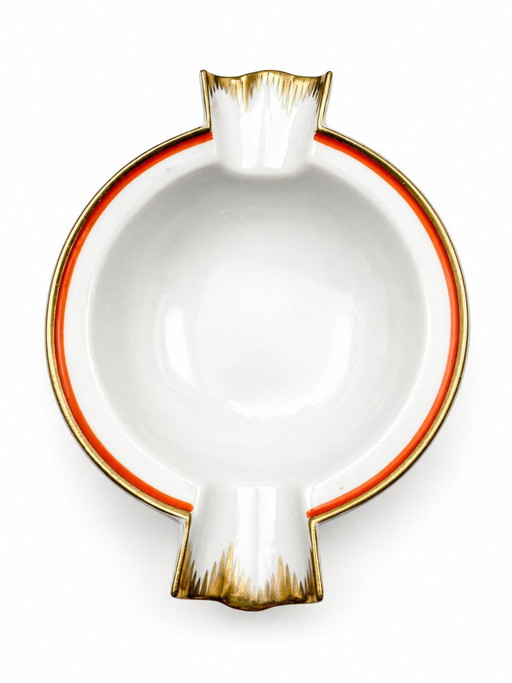 Seltener Meissener Art-Deco-Zigarrenaschenbecher aus Porzellan – Gold & Koralle – Signiert
