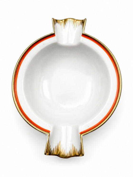 Image 1 of Seltener Meissener Art-Deco-Zigarrenaschenbecher aus Porzellan – Gold & Koralle – Signiert