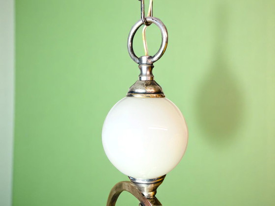 Image 1 of Portuguese Mid Century Modern Green Opaline Milk Glass Chandelier for High Ceilings, 1940s-50s