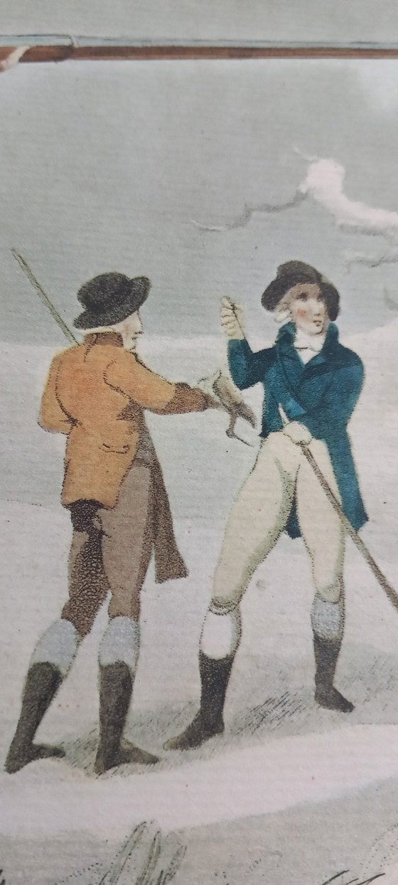 Image 1 of Antiker handkolorierter Kupferstich „Schnepfenjagd“ – Jagdszene – ca. frühes 19. Jahrhundert
