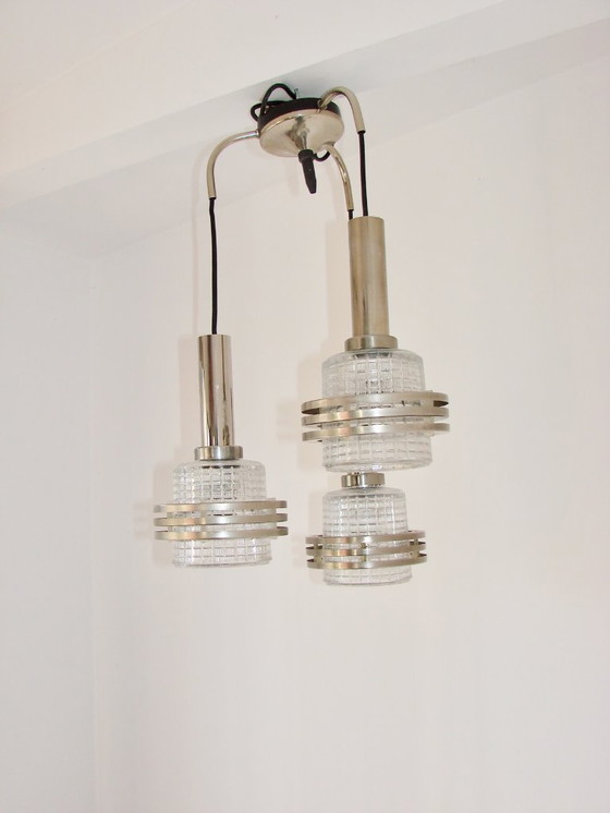 Image 1 of Moderne hanglamp, jaren 70, metaal en glas, 3xE27