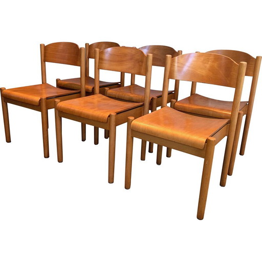 Set of 6 vintage stacking chairs in fir and thermoformed wood by Karl Kilpper, Germany 1970s