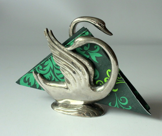 Image 1 of Servettenhouder - Servettenstandaard - Briefhouder - Verzilverd metaal - Zwaan - Vintage