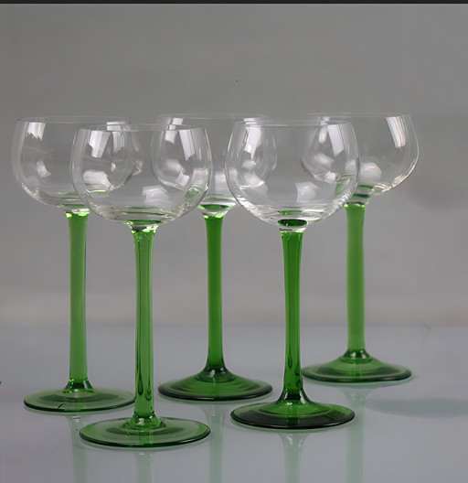 Set of 5 Traditional Alsace Wine Glasses Hand Blown with Green Foot